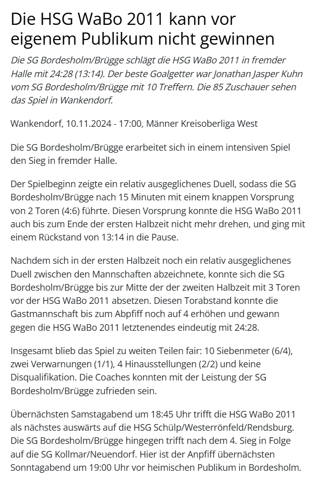 Weltklasse Pressetext HSG WaBo 2011 gegen die SGBB 2 in der Kreisoberliga West