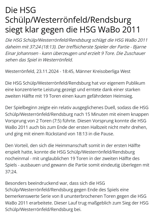 Weltklasse Pressetext HSG Schülp Westerrönweld Rendsburg gegen die HSG WaBo 2011 in der Kreisoberliga West Saison 2024/2025