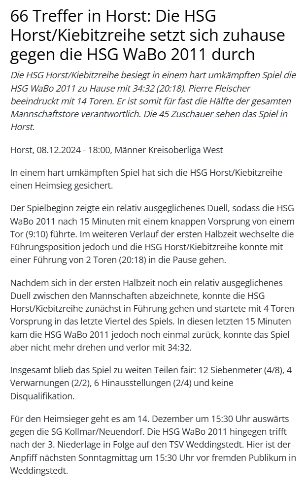 66 Treffer in Horst: Die HSG Horst/Kiebitzreihe setzt sich zuhause gegen die HSG WaBo 2011 durch