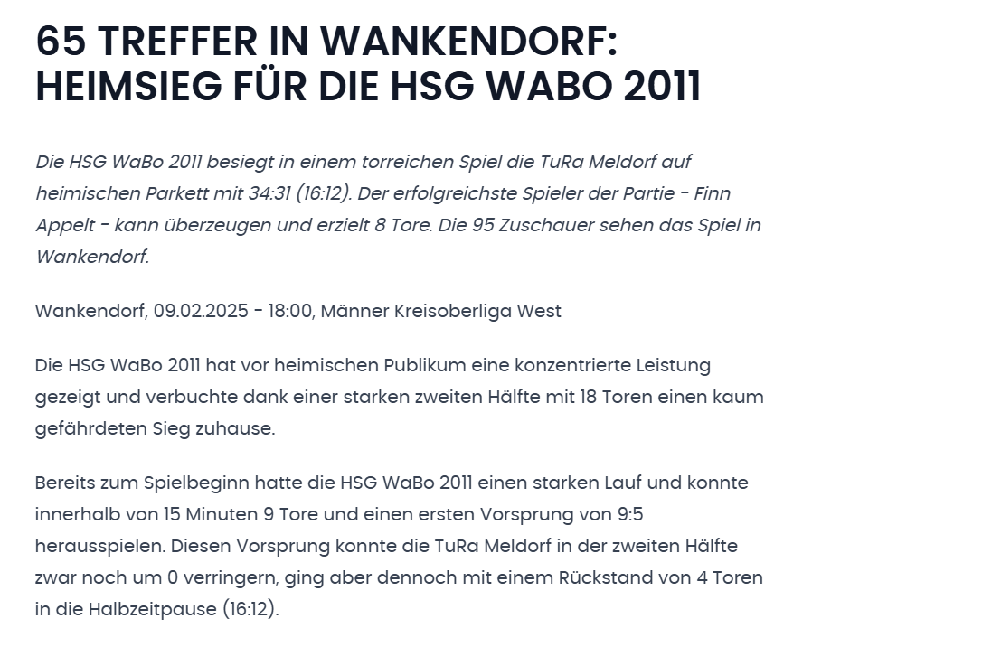 Kreisoberliga Region West Saison2024/2025 - HSG WaBo 2011 - TuRa Meldorf Pressetext