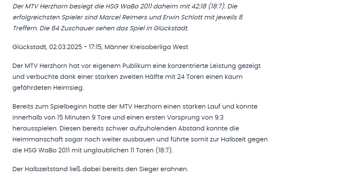 Pressebericht MTV Herzhorn 2 gegen die HSG WaBo 2011 Kreisoberliga West Saison 2024/2025